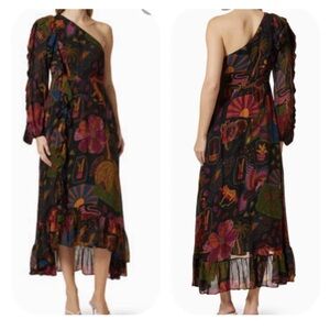 FARM Rio Crazy Mix Midi Vibrant One-Shoulder Dress XS Side Zipper Ruffle